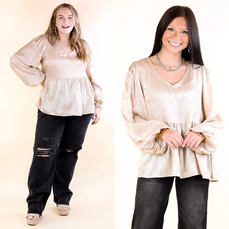 Popular Opinion Metallic V Neck Peplum Top with Long Sleeves in Champagne Holiday Attire Sale