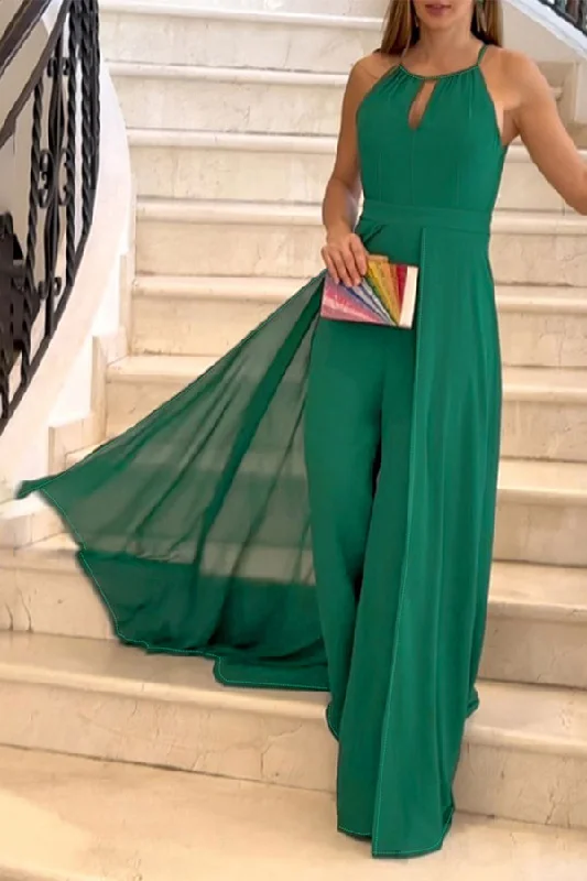 Solid Color Halter Collar Stunning Maxi Overlay Jumpsuit Fashion Forward Femininity