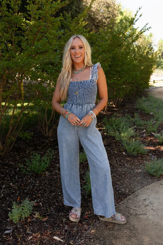 Sunset Soiree Eyelet Denim Jumpsuit - Denim Elevated Style