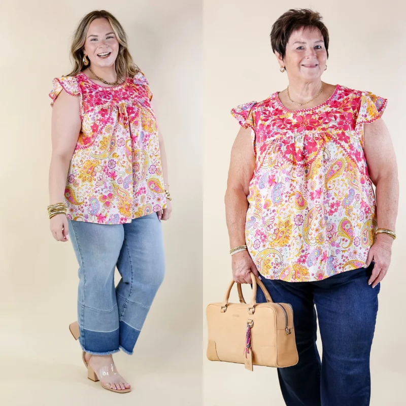 Serene Splendor Paisley Print Top with Pink Floral Embroidery in White Trendy Attire For Her