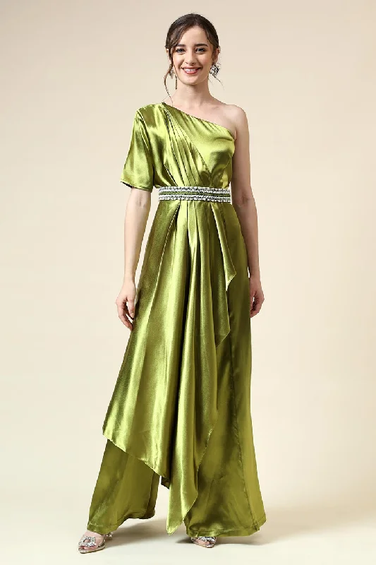 Metallic Green Drape Jumpsuit With Embellished Belt Last Chance Sale