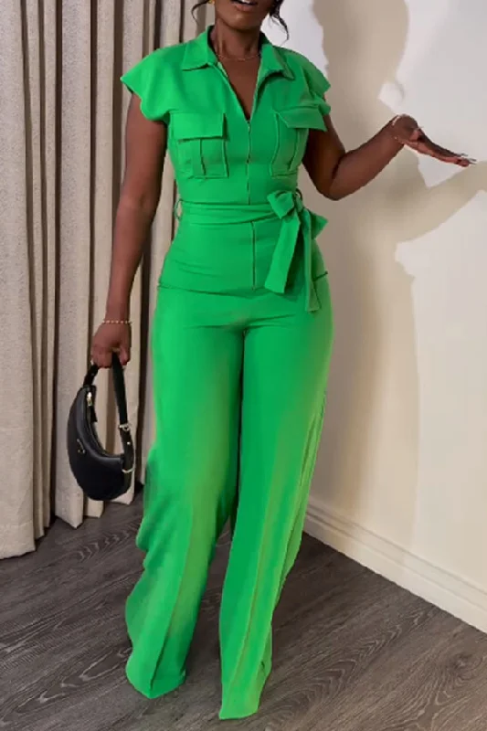 Solid Color Casual Belted Wide Leg Jumpsuit Chic Outfits