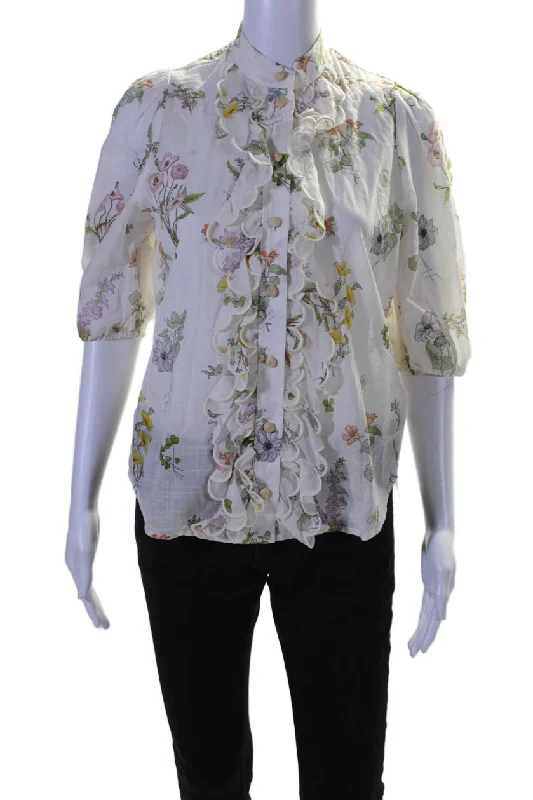 Zimmermann Womens Floral Print Button Down Ruffled Shirt White Cotton Exclusive Discount