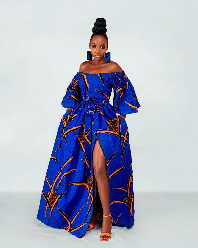 Toni Ankara Off shoulder Maxi Dress | Blue and Orange African Print Absurdly Cheap Sale