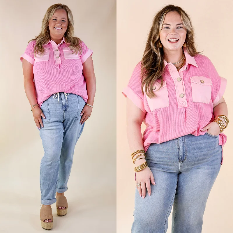 Vibe Check Waffle Knit Collared Top in Pink Hot Trends