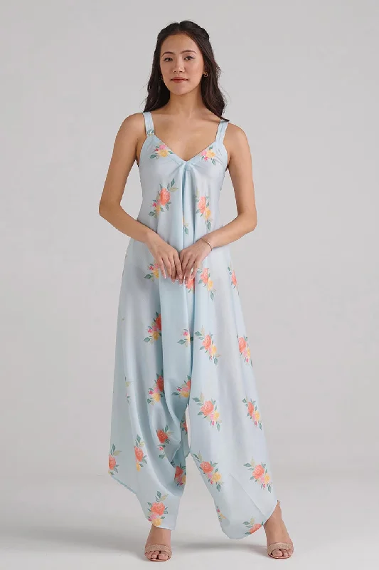 Baby Blue Floral Print Palazzo Jumpsuit Vintage Retro Party Wear