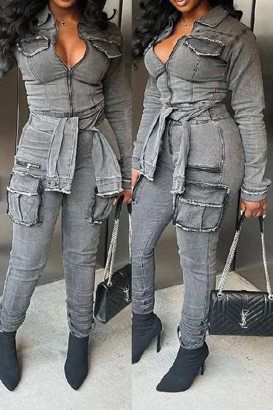 Solid Color On-trend Pocket Lace-Up Frayed Denim Jumpsuit Chic Urban Fashion Look