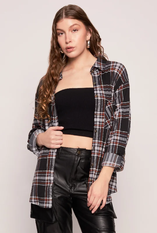 Plaid Button Front Tabbed Sleeve Shirt Comfort First Women's Fashion