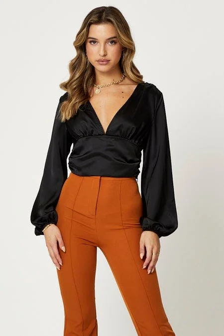 Black Long Sleeve Ruched Top Seasonal Clearance