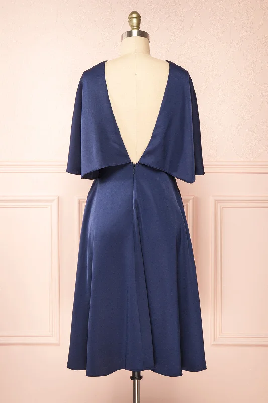 Tordis Navy | Satin Midi Dress w/ Bell Sleeves Wardrobe Update