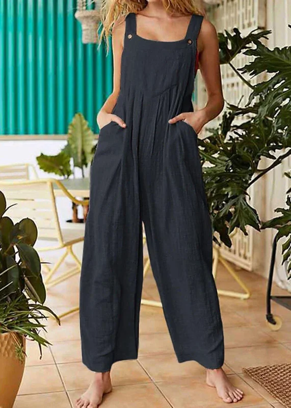 Solid Color Button Sleeveless Overalls Side Pocket Jumpsuit For Women Stupidly Low Prices