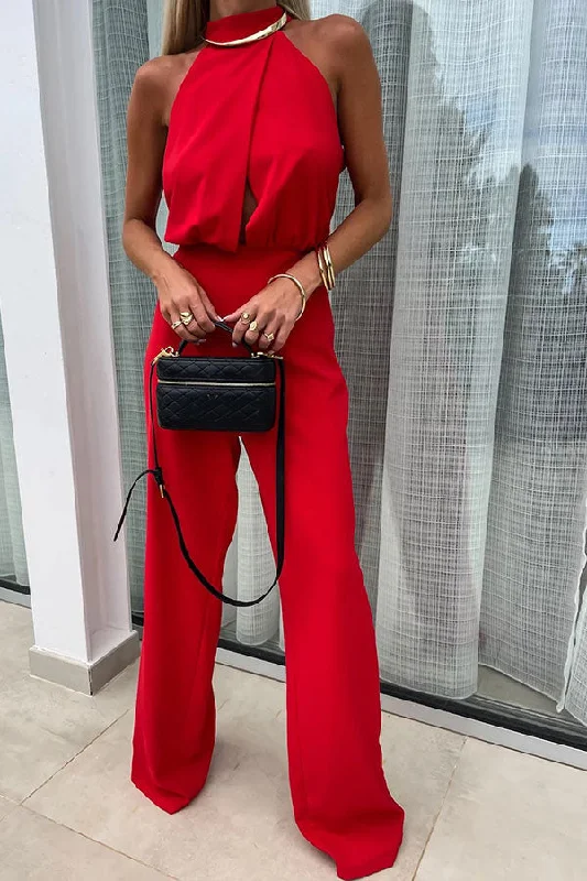 Solid Color Mock Neck Cutout On-trend Jumpsuit Casual Elegance