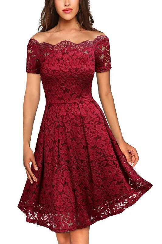 Floral Lace Short Sleeve Boat Neck Swing Dress Versatile Wardrobe Essentials