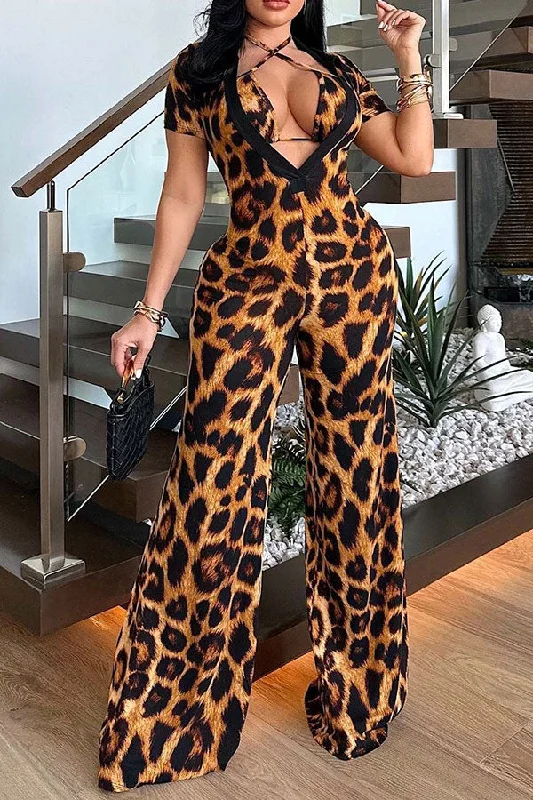 Leopard Print Wild Plunging Wide Leg Jumpsuit (With Bra) Gorgeous Glamour Collection