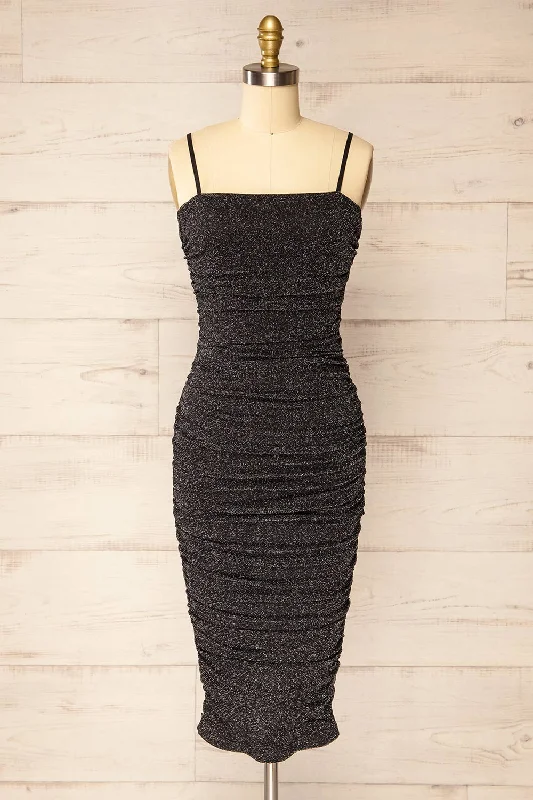 Baku Black | Fitted Ruched Sparkly Midi Dress Valentine's Special