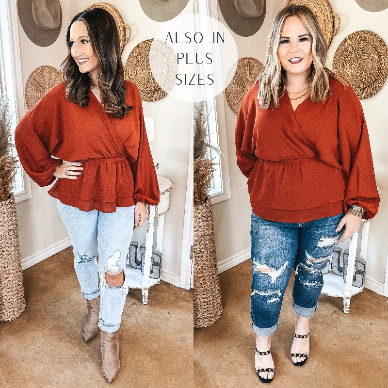 Last Chance Size Small | Move to the Music Long Sleeve Deep V Peplum Top in Rust Red Ends Soon