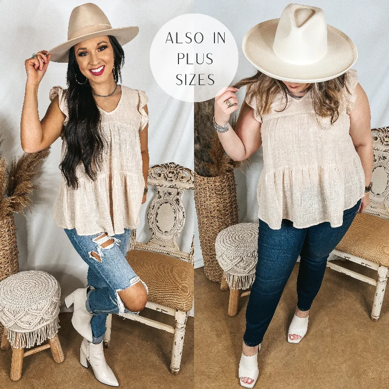 Stay Wonderful Solid Tiered Top with Ruffle Cap Sleeves in Natural Trendy Street Style