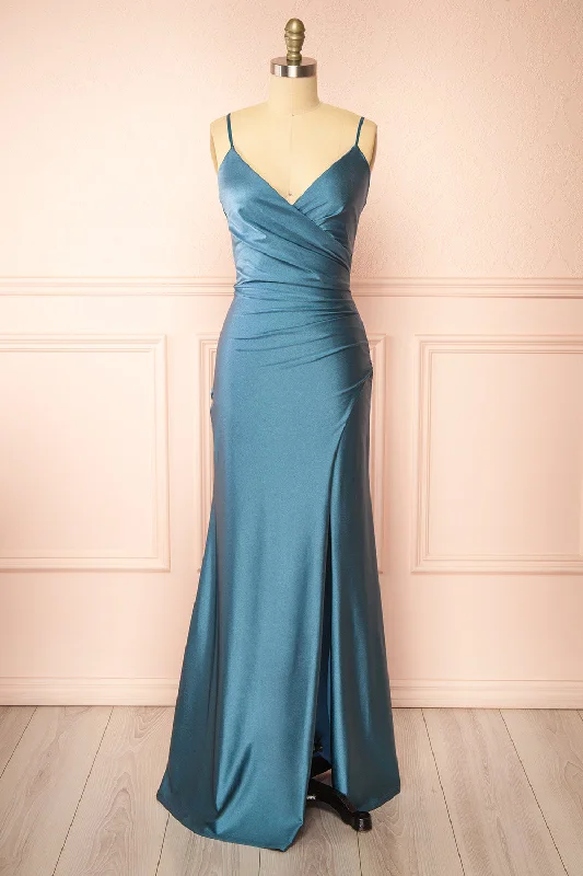 Nyra Blue Grey | Mermaid Dress w/ Wrapped Bodice Mid Season Sale