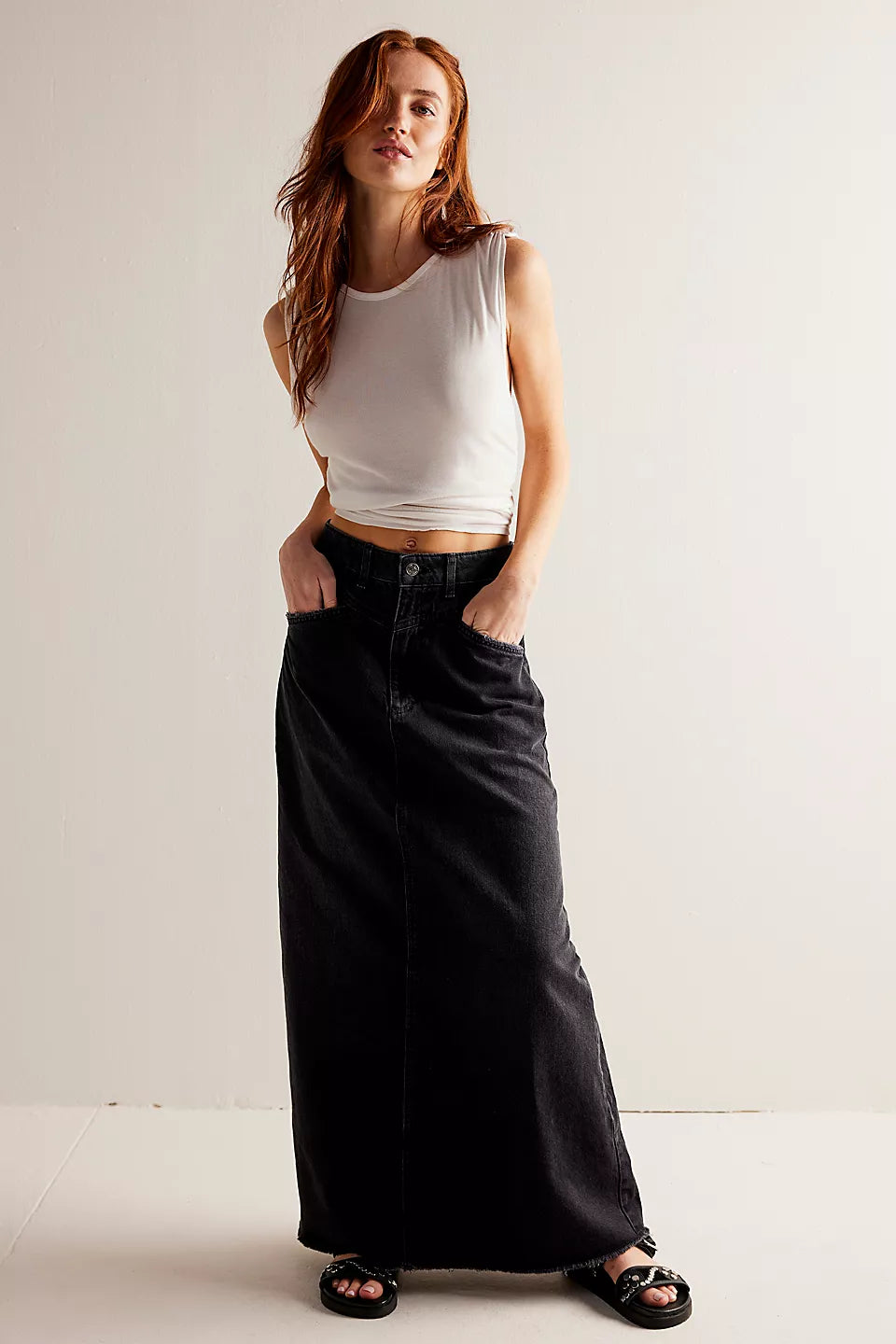 Free People We The Free Come As You Are Denim Maxi Skirt - BLACK Limited Time Offers