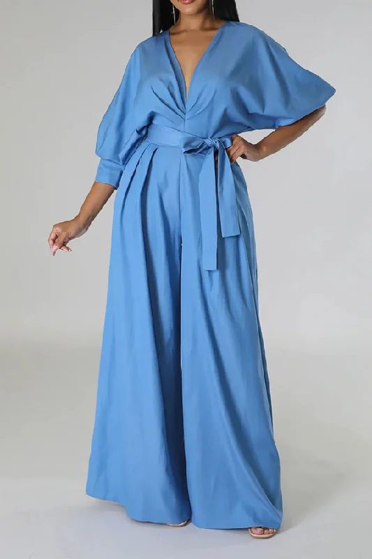 Solid Color Elegant Belted Wide Leg Jumpsuit Budget-Friendly Fashion