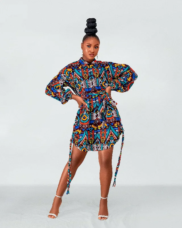 Amani Ankara Short Shirt Dress | African Blue Multicolored Tribal Print Best Deals Of The Season