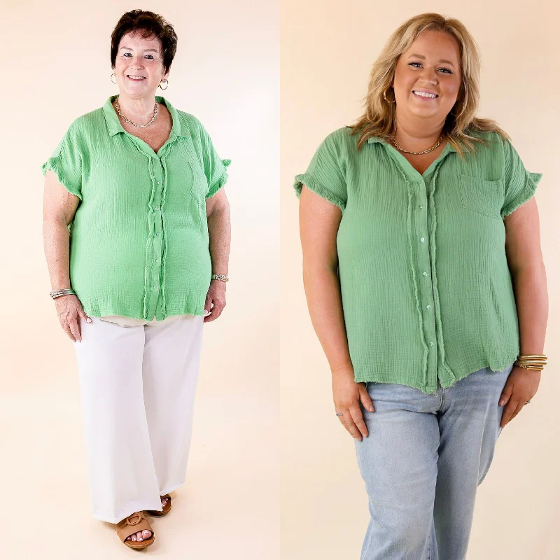 Right On Cue Button Up Raw Hem Top in Spring Green Best Deals Of The Season