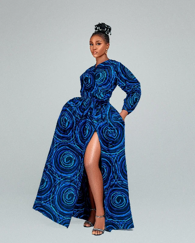 Allie Ankara Maxi Dress| Blue Spiral Print Trendy Urban Attire