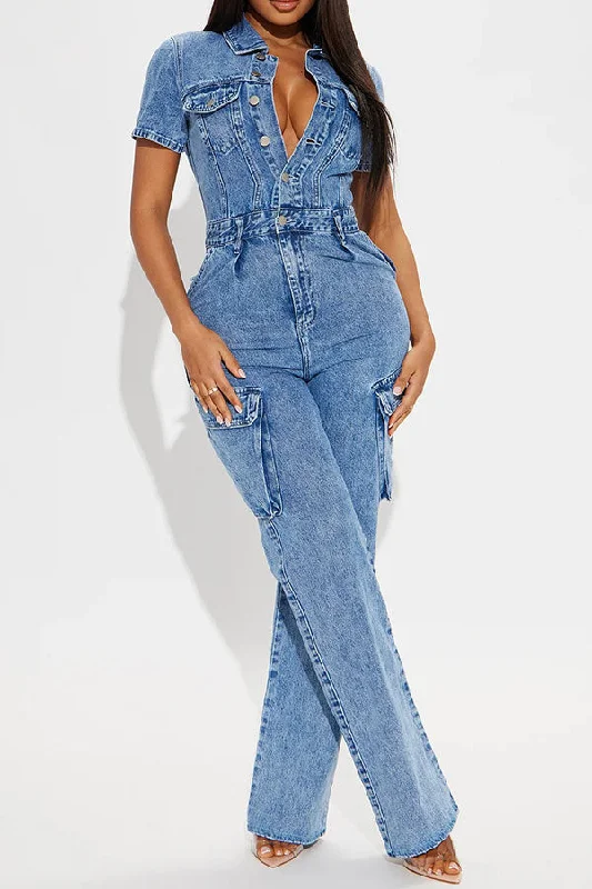 Blue Washed Denim Boyish Multi Pocket Jumpsuit Versatile Wardrobe Essentials