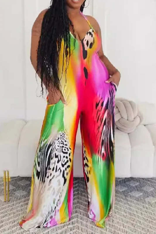 Gradient & Leopard Mixed Print Wild Halter Collar Jumpsuit Chic Style