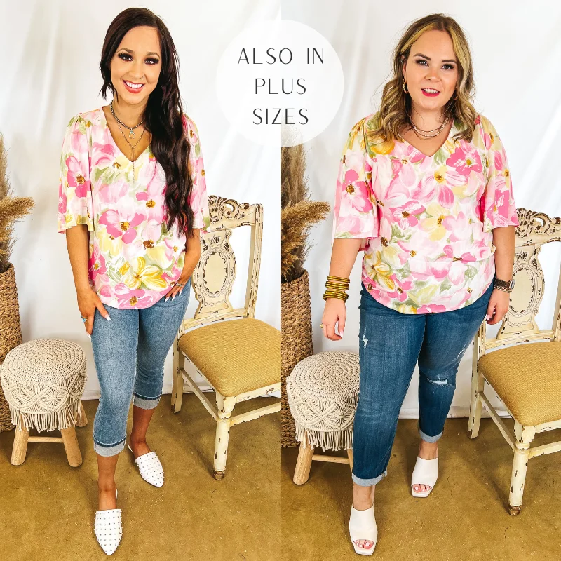 Last Chance Size Small & Medium | Suite Life Floral V Neck Top in Pink and Yellow Cool Prices