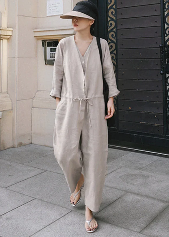 Plus Size Grey V Neck Button Linen Jumpsuit Spring Hot Picks