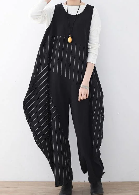 Spring  Summer Cotton Hemp Women Oversized Asymmetric Striped Jumpsuit Feminine Soft - Hued Styles