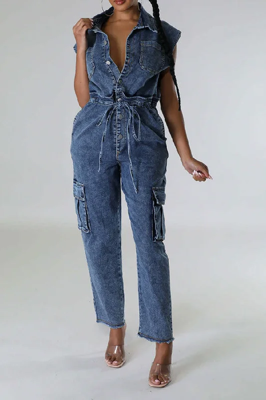 Washed Denim Cozy Multi Pocket Drawstring Jumpsuit Limited Styles