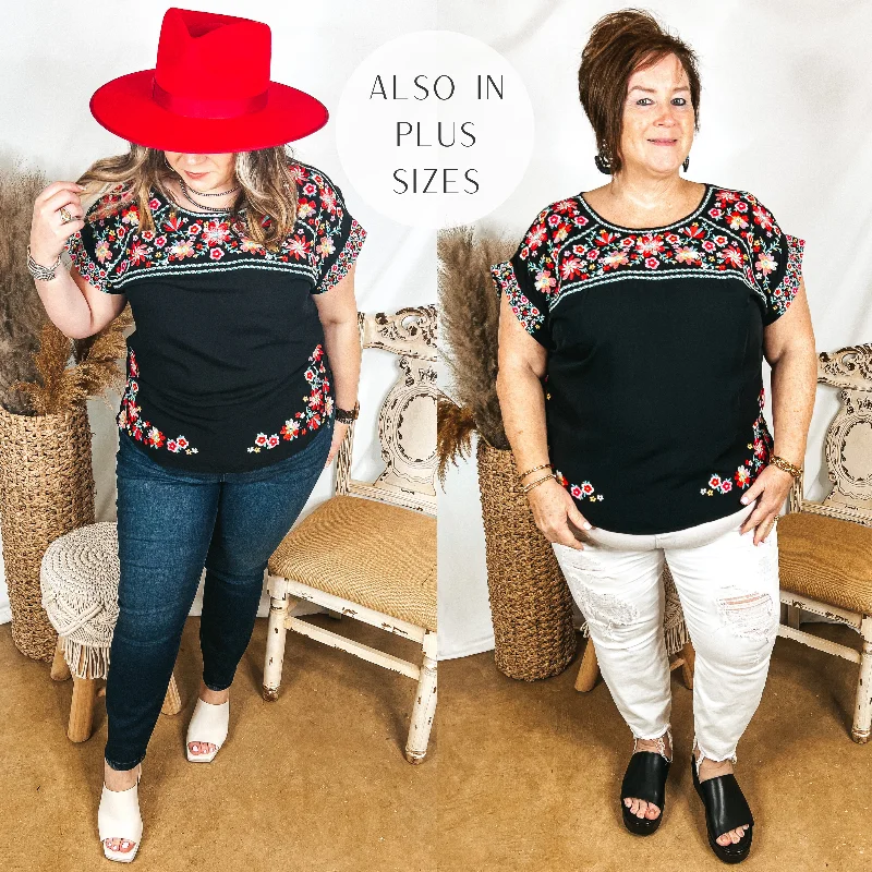 Sunny Sweetheart Floral Embroidered Cap Sleeve Top in Black Premium Style