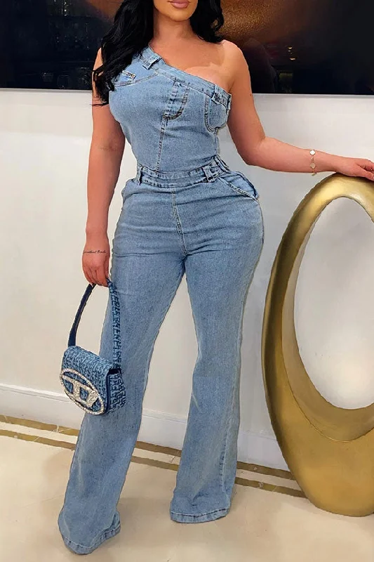 Solid Color Denim One Shoulder Chic Bell Bottoms Jumpsuit Elegant Attire For The Modern Lady