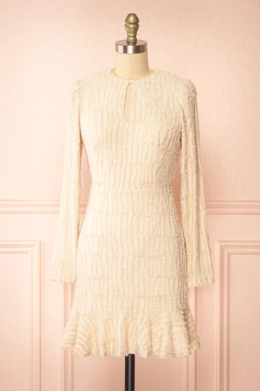 Caramette | Short Fuzzy Textured Beige Dress Trend Alert