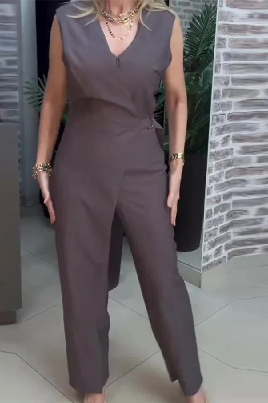 Solid Color Chic Crossover Layered Irregular Jumpsuit Urban Sophistication