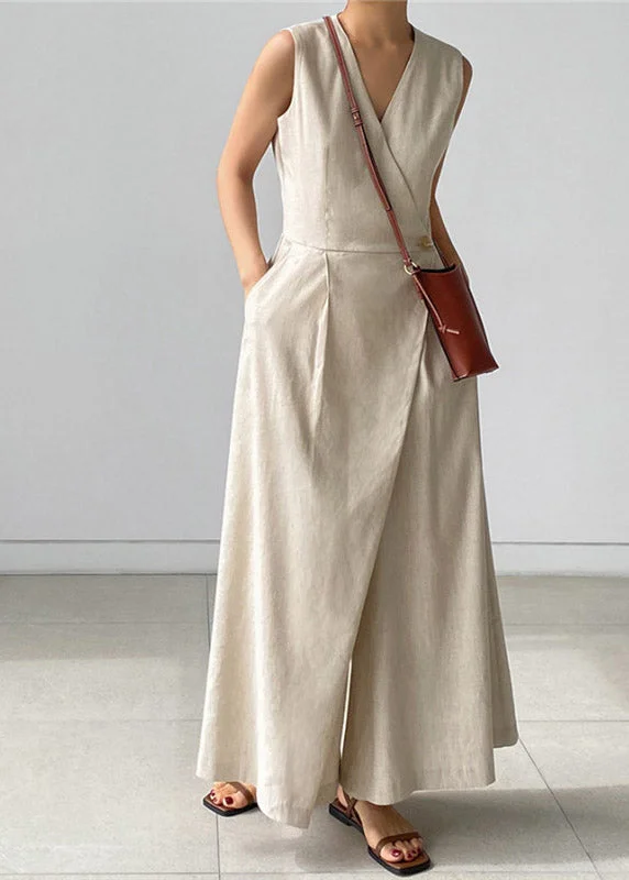 Chic Beige V Neck Button Pockets Jumpsuit Pants Summer Vintage Inspired Fashion Sale