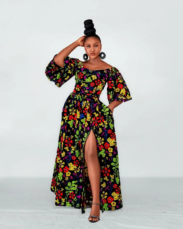 Tess Ankara Off Shoulder Maxi Dress | Green and Pink Multicolored African Print Vintage Style Clothing Sale