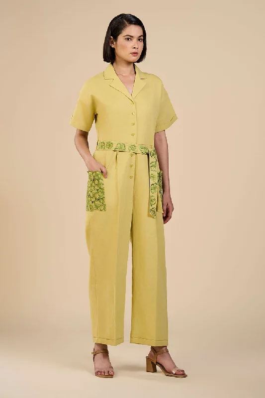 Lime Green Embroidered Pocket Jumpsuit Clearance Event