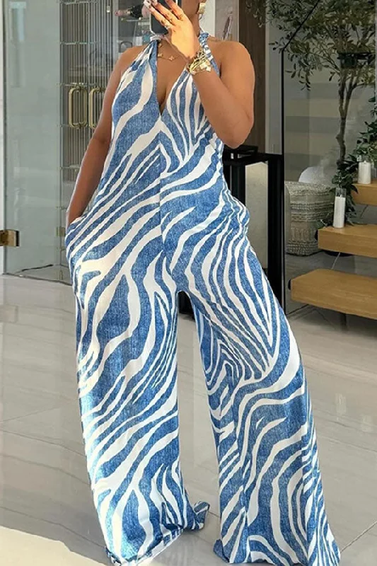 Zebra Print Halter Collar Chic Wide Leg Jumpsuit Modern Glamour