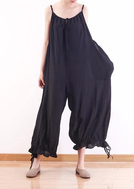 Black loose drawstring  suspender wide leg jumpsuit Urban Femme Streetwear