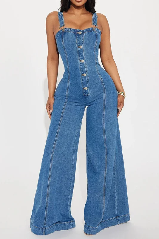 Blue Denim Classic Button Suspenders Jumpsuit Chic Outfits