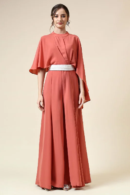 Pastel Orange Jumpsuit With Embellished Belt Early Access To Art Deco Styles Sale