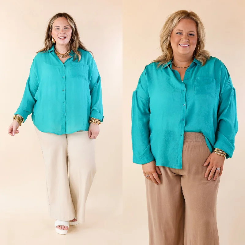 Look on the Bright Side Button Up Long Sleeve in Turquoise Blue Buy More, Save More