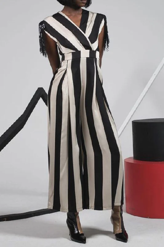 Vertical Striped Stylish Sequined Tassel Wide Leg Jumpsuit Effortless Chic Apparel