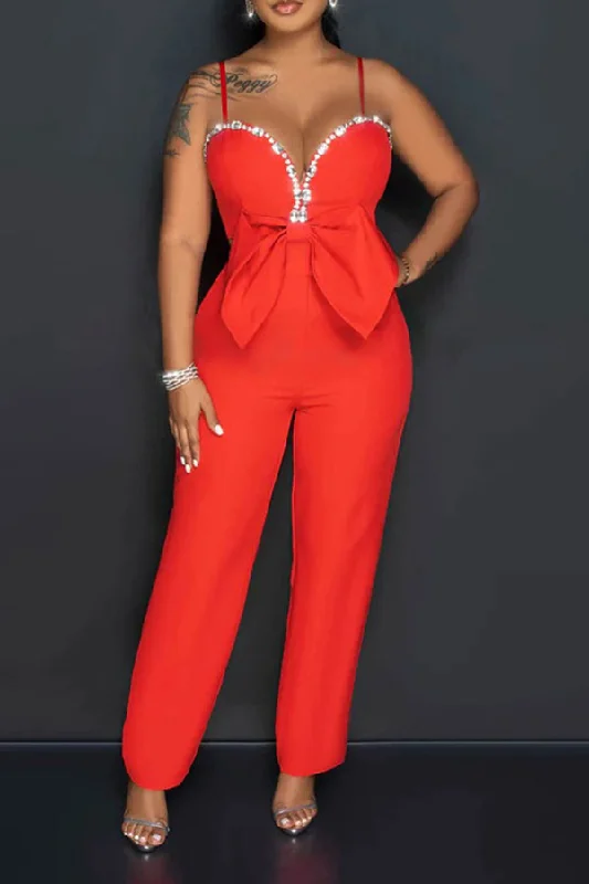 Rhinestone Trim Pretty Bow Spaghetti Strap Jumpsuit Weekend Special