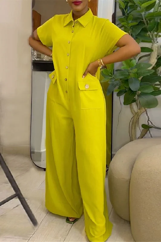 Solid Color Relaxed Button Wide Leg Jumpsuit Fashion Forward Outfits