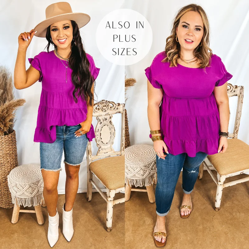 Belong To You Tiered Top with Ruffle Cap Sleeves in Magenta Limited Time Offer