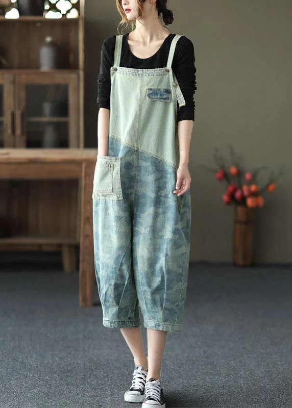 Women Light Blue Pockets Patchwork Jumpsuit Crop Pants Vintage Elegance